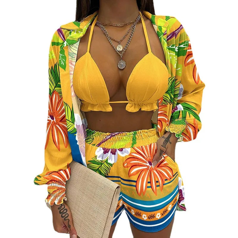 3 Pieces Women Stes 2024 New Sexy Floral Leaf Printed Halter shirt+shorts Three Pieces Sets women's Clothing GHH9068