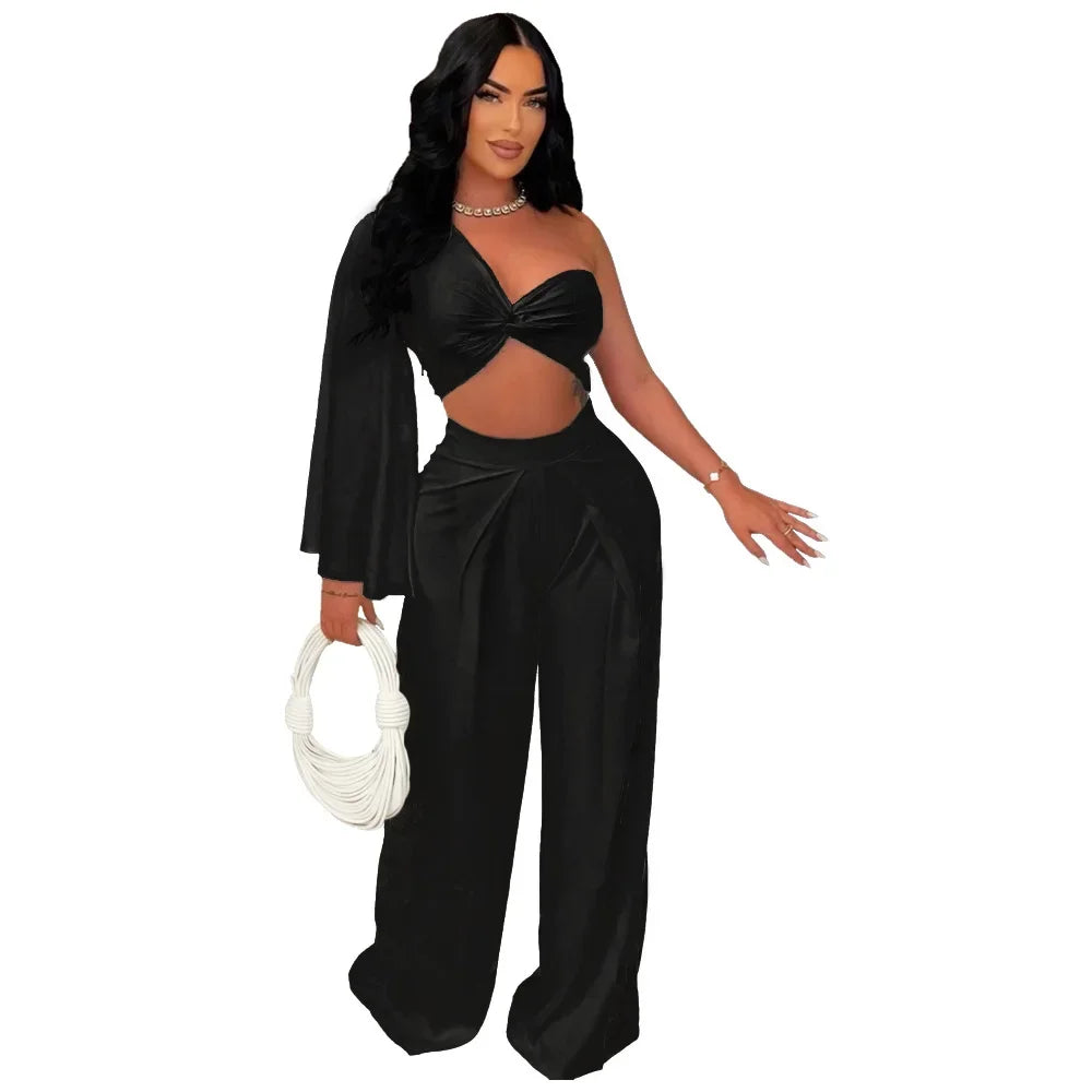 Women's Set Ruched One Shoulder Sleeve Crop Top and Wide Leg Pants Suits Street 2024 Two 2 Piece Set Outfit Tracksuit
