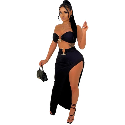 New Chic Gold Ring Bandeau Slit Skirt Two-Piece Set Womens Beautiful Off Shoulder Matching Skirt Set Nightclub Outfits