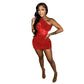 HLJ Fashion Sequin Splicing Hollow One Shoulder Party Club Mini Dresses Women Sleeveless Backless Slim Vestidos Sexy Clothing