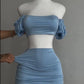 Sexy Puff Sleeve Strapless Crop Top High Waist Skirt 2 Piece Set Women Summer Lace Up Tube Slim Fit Suits Party Club Outfits