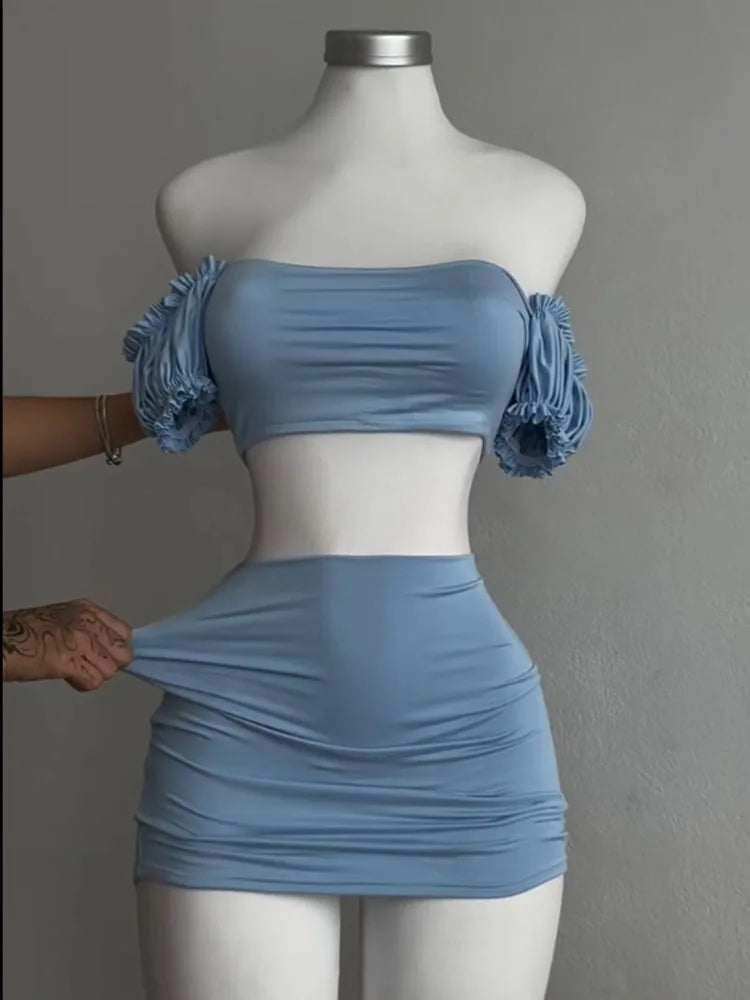 Sexy Puff Sleeve Strapless Crop Top High Waist Skirt 2 Piece Set Women Summer Lace Up Tube Slim Fit Suits Party Club Outfits