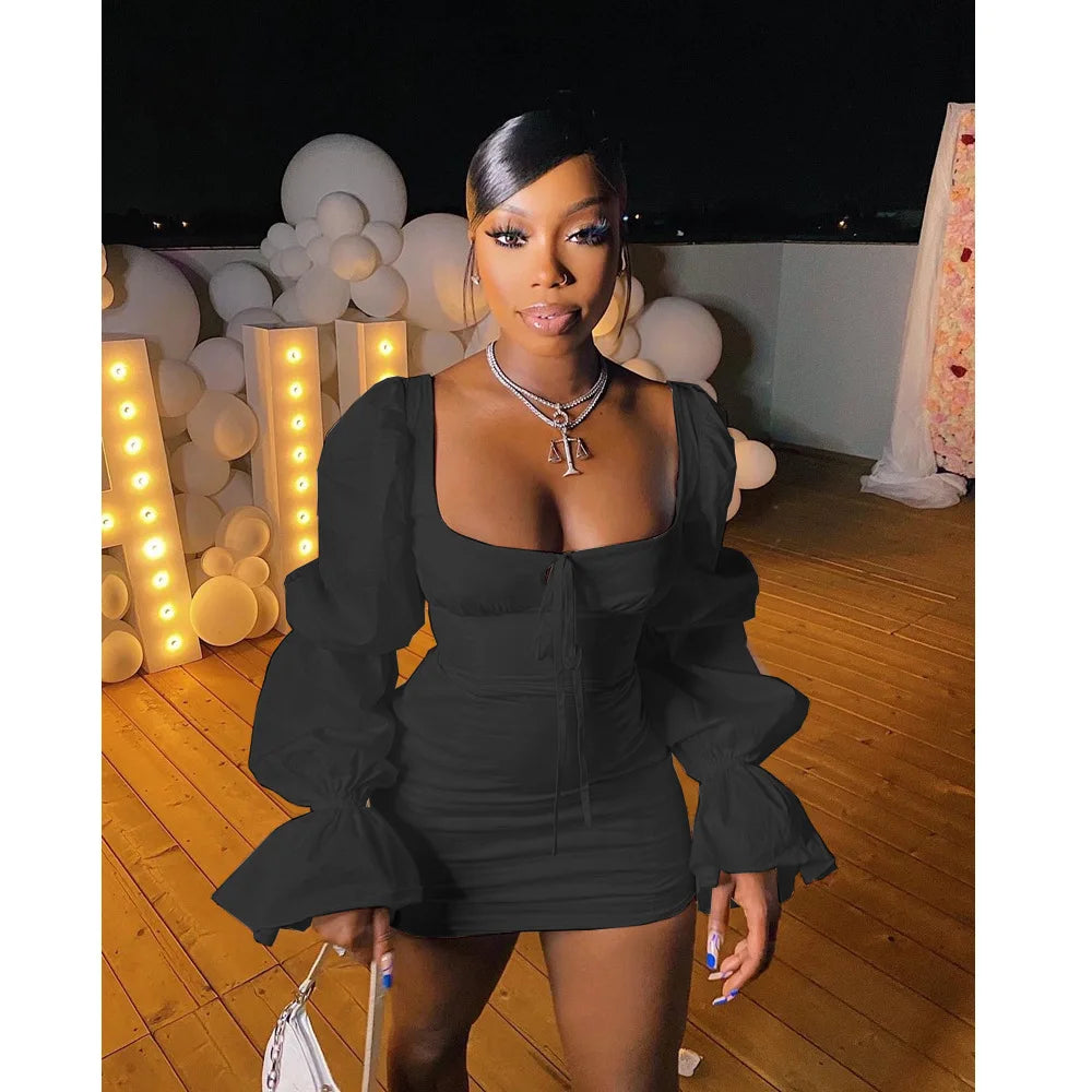 CM.YAYA Women Mini Dress Solid Full Puff Sleeve Square Collar Bandage Stretchy Bodycon Dresses Sexy Fashion Vestidos Summer 2021