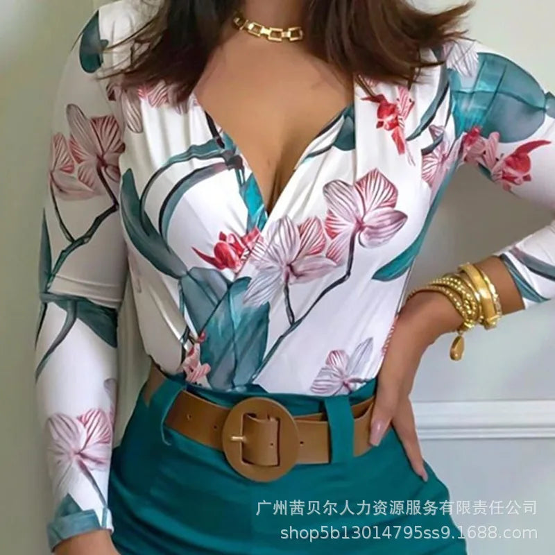 Two Piece Sets Womens Outifits Casual Vintage  Printed Shorts Sets Summer 2022 New V-neck Top Shorts Suits