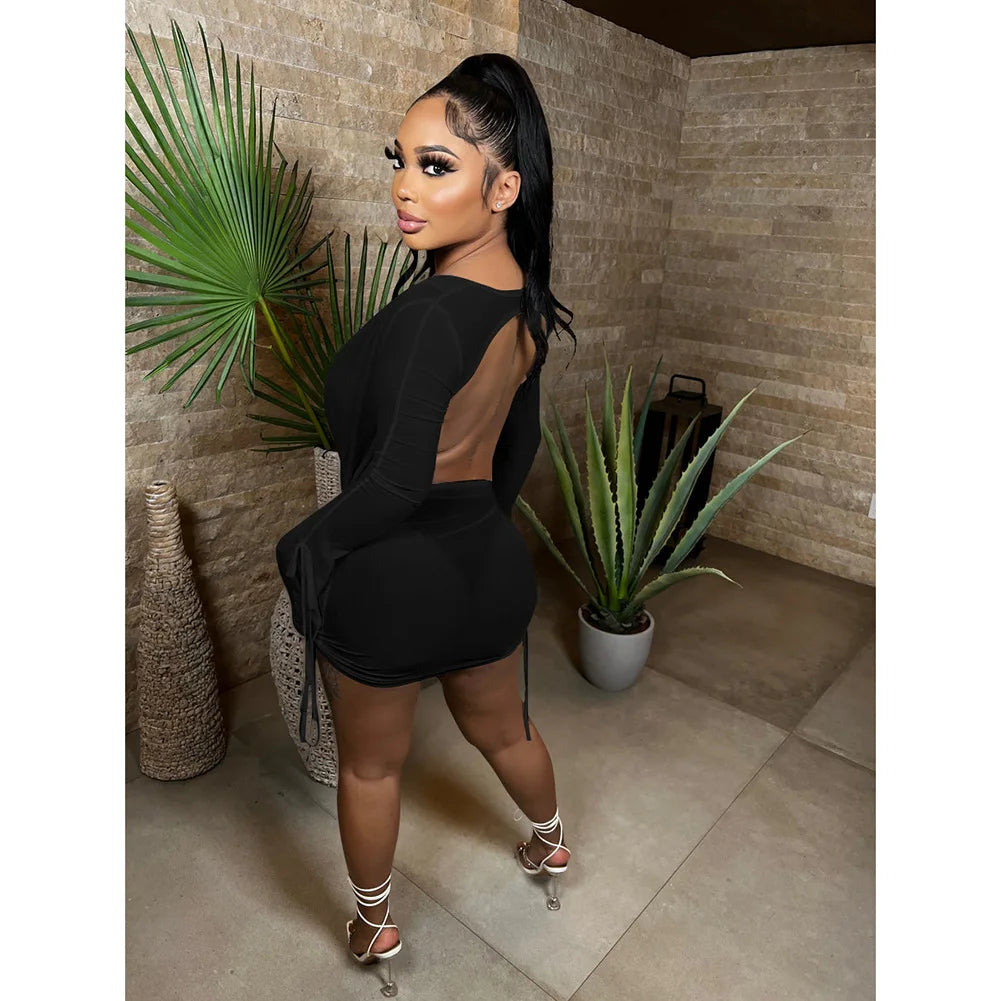 Women Party Outfit Two Pieces Set 2024 See Through Long Sleeve Club Party Bodycon Dresses Y2K Sexy Deep V Neck Mini Mesh Dress