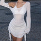2025 Summer Women Dulzura Solid Skew Collar Ruched Straps Lace-Up See Through Draw String Mini Dress Party Clubwear Wholesale