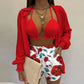 3 Pieces Women Stes 2024 New Sexy Floral Leaf Printed Halter shirt+shorts Three Pieces Sets women's Clothing GHH9068