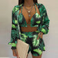 3 Pieces Women Stes 2024 New Sexy Floral Leaf Printed Halter shirt+shorts Three Pieces Sets women's Clothing GHH9068