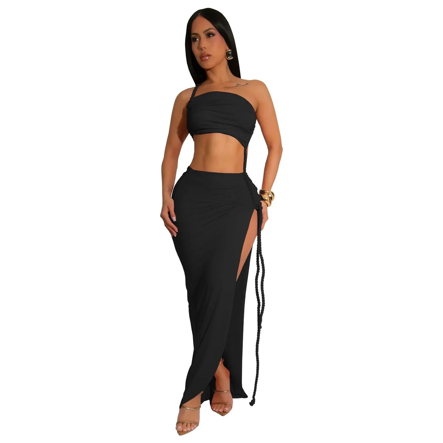 Fashionable Wrap Chest Side Slit Sexy Long Skirt for Women Simple Summer Cross-Border Polyester Fiber Floor-Length Dress