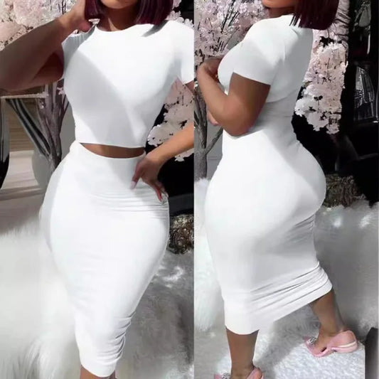 Two Piece Set Short Sleeved Round Neck Top + Tight Skirt Suit Women's Hight Waist Mid Length Skirt Clothes Short T-shirt Outfit