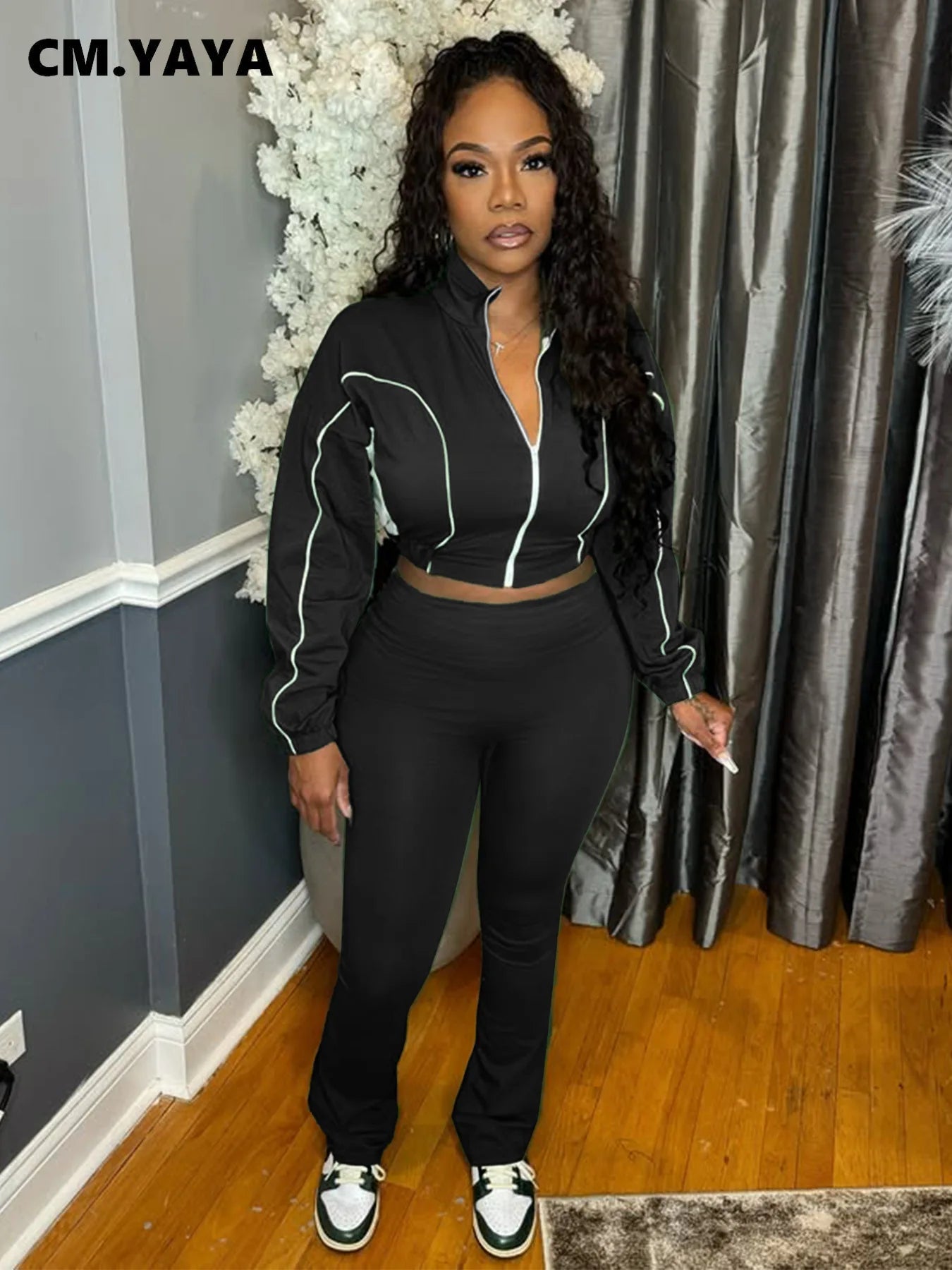 CM.YAYA Active Women's Set Zipper Sweatshirt Jacket and Long Pants Suit 2025 Sporty Fitness Two 2 Piece Sets Outfit Tracksuit