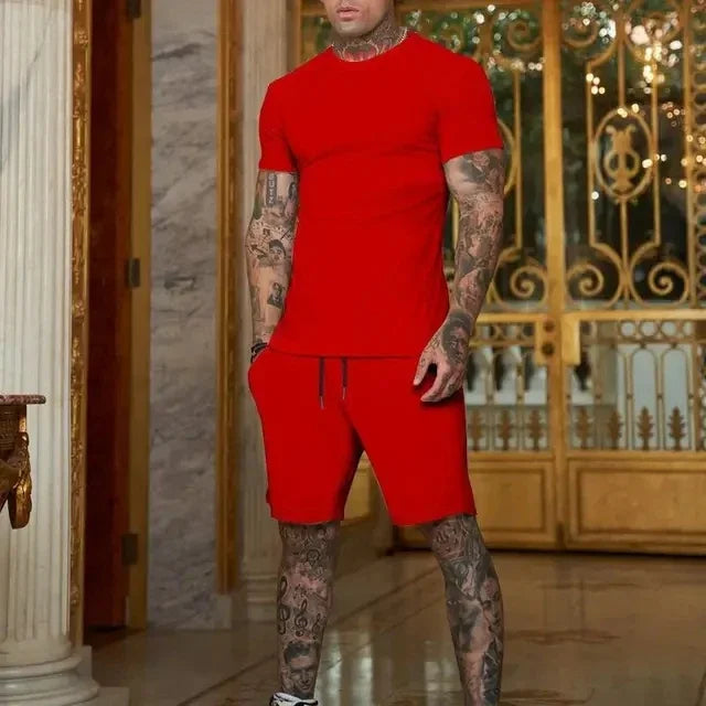 Men's T-shirt and shorts set, short-sleeved T-shirt and shorts set, two-piece set, beach sportswear