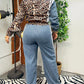 Fashion Women's Two-Piece Set Leopard Pattern Stripe Print Long Sleeve Pullover Drawstring Denim Pants Casual Pants Set