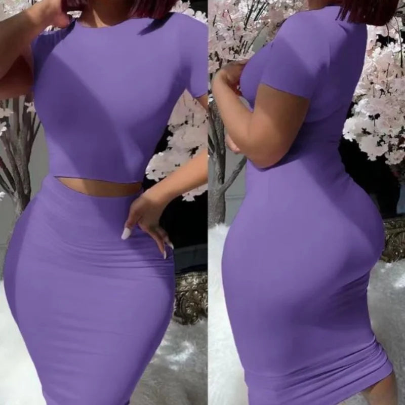 Two Piece Set Short Sleeved Round Neck Top + Tight Skirt Suit Women's Hight Waist Mid Length Skirt Clothes Short T-shirt Outfit