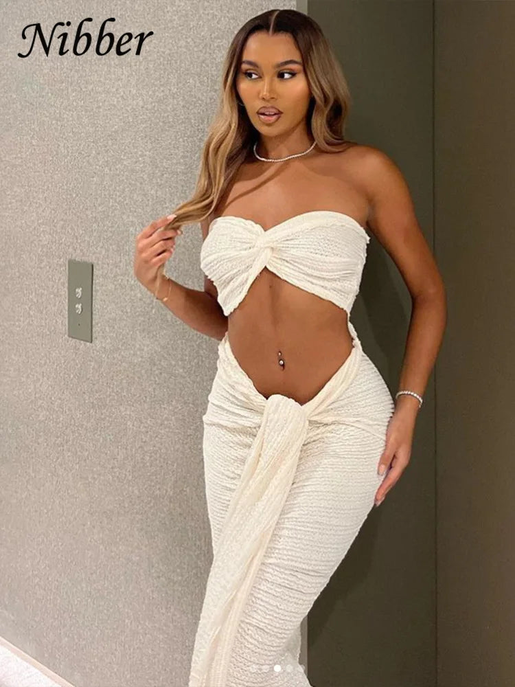 Nibber Elegant Stacked Folds Two Piece Set Women Solid Thin Strapless Chest Tops+Slim Skirts Female Streetwear Matching Suit