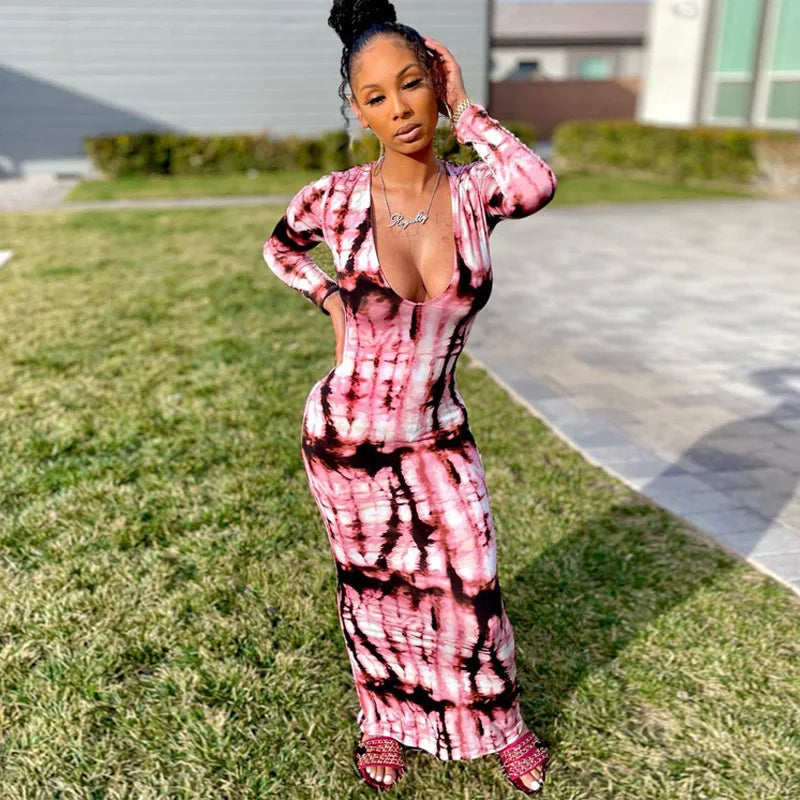 Spring And Summer Dresses For Women Chest Wrap Printed Off Shoulder Bandage Slim Sexy Long Dress New Fashion Party Long Sleeve