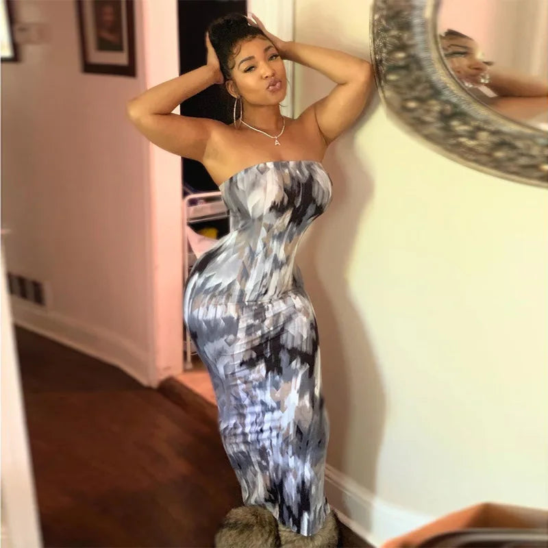 Spring And Summer Dresses For Women Chest Wrap Printed Off Shoulder Bandage Slim Sexy Long Dress New Fashion Party Long Sleeve