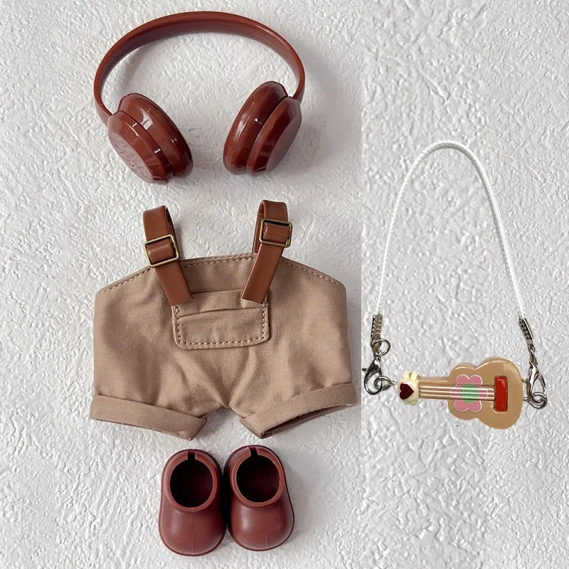 Retro Fashion Doll Set with Brown Striped Shirt and Brown Pants Casual and Versatile Labubu Doll Accessory Outfit