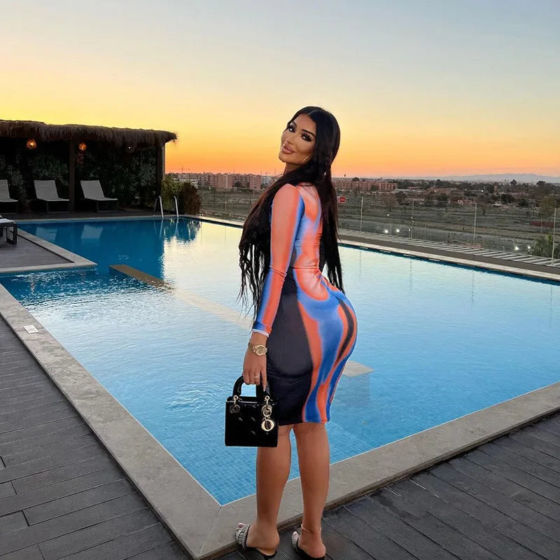 Autumn New Sexy Women Dresses Clubwear Hollow Out Fashion Print  Dresses Inclined Shoulder Skinny Female Slim Long Sleeves Dress