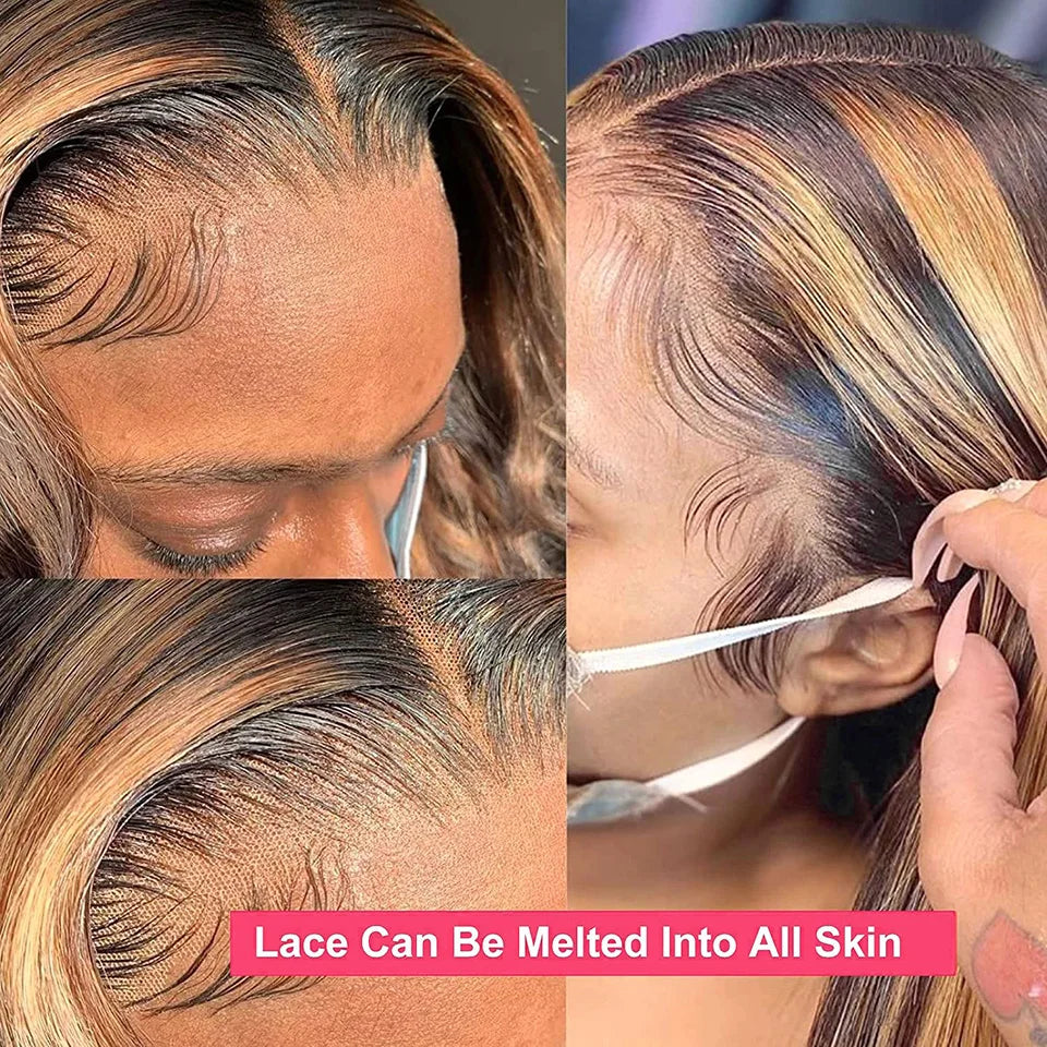 Straight Highlight Ombre Human Hair Lace Front Wigs 13x4 13x6 HD Lace Wigs Pre Plucked for Black Women Honey Blonde Colored Wig