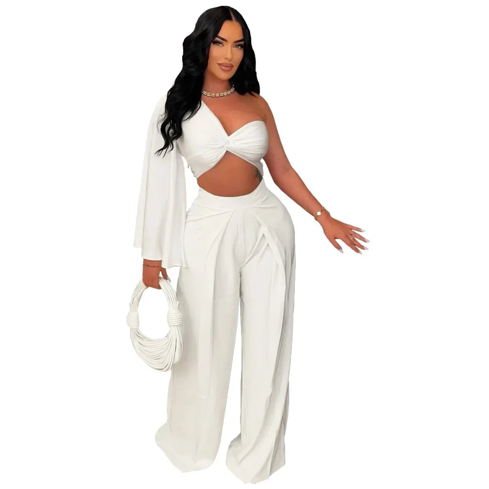 Women's Set Ruched One Shoulder Sleeve Crop Top and Wide Leg Pants Suits Street 2024 Two 2 Piece Set Outfit Tracksuit