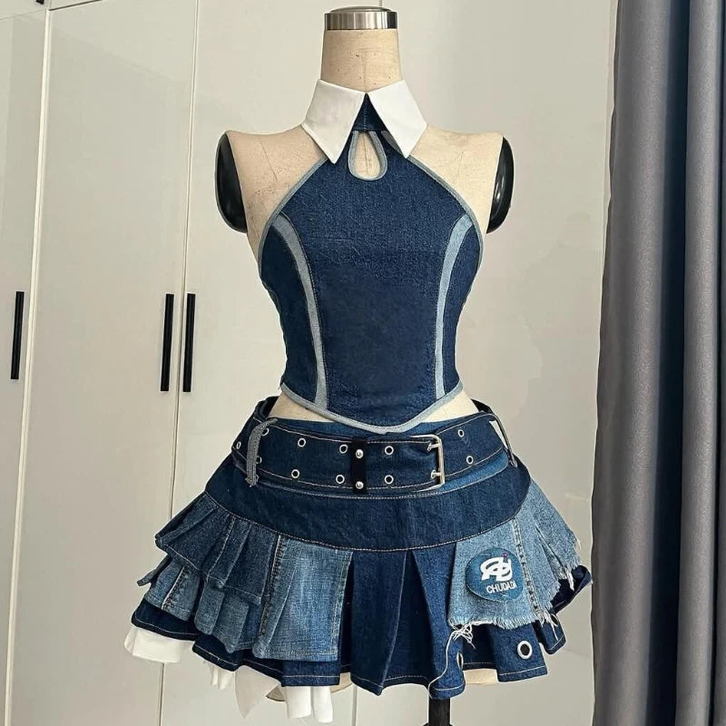 Autumn Y2k Elegant 3 Piece Set Woman Spicy Girls Plaid Bra + White Print Long Sleeve Tops + Red Chic Mini Skirt Korean Fashion
