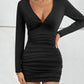 Long-Sleeved V-Neck Sexy Pleated Shoulder Pleated Hip Dress
