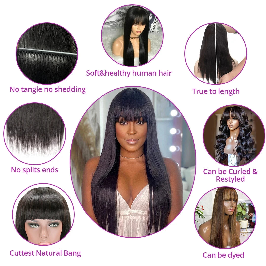 Straight Human Hair Wigs With Bangs Full Machine Made Wig Cheap Brazilian Hair Wigs Short Bob  Wigs 3x1 HD Lace Wigs