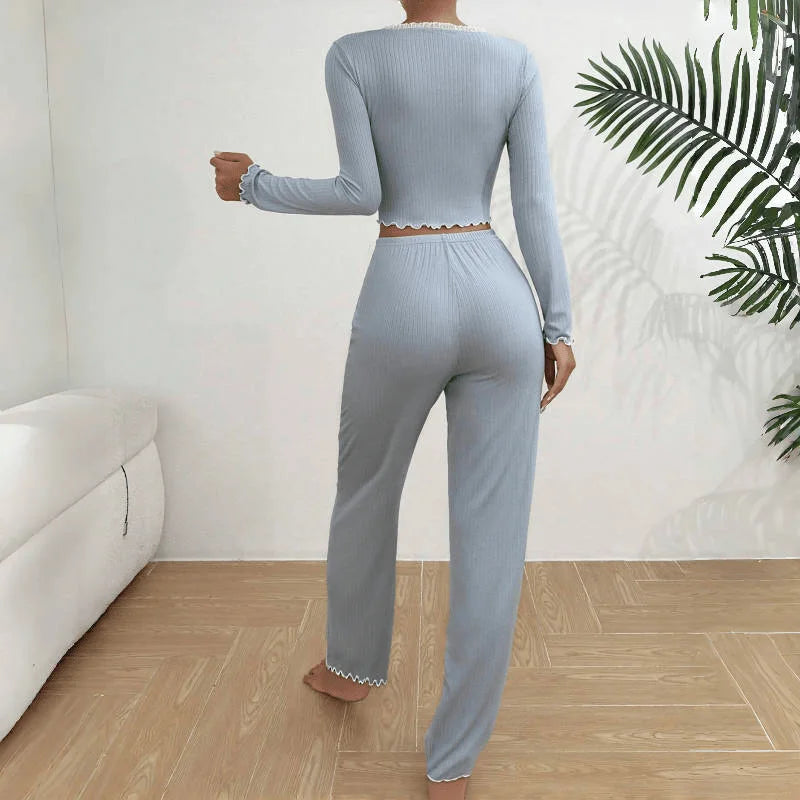 Pajamas Suit Women 2 Piece Sets Sleepwear Trousers Ensemble Top Pants Single Breasted Bow Autumn Nightwear Outfits Loungewear