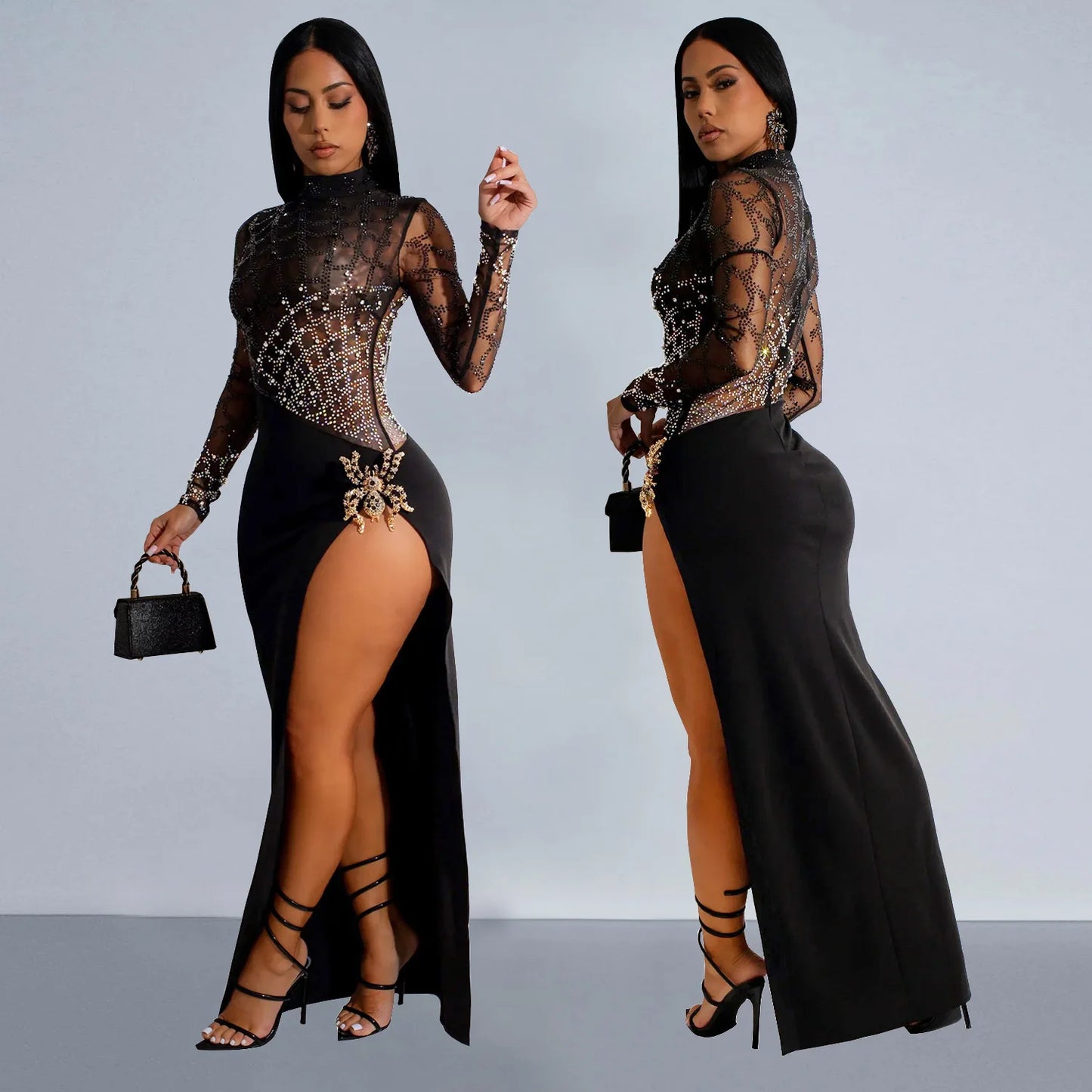 2024 Autumn Women's Hot Diamond Sexy Cutout Long-sleeved Slit Party Dress Birthday Dress for Women Sexy Dress