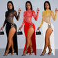 2024 Autumn Women's Hot Diamond Sexy Cutout Long-sleeved Slit Party Dress Birthday Dress for Women Sexy Dress