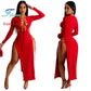 2025 Sexy Women Chest Hollow Out Bandage Long Sleeves Collect Waist Dress Two Side Split Ruffles Lace Up Decor One-Piece Clothes