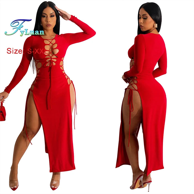 2025 Sexy Women Chest Hollow Out Bandage Long Sleeves Collect Waist Dress Two Side Split Ruffles Lace Up Decor One-Piece Clothes