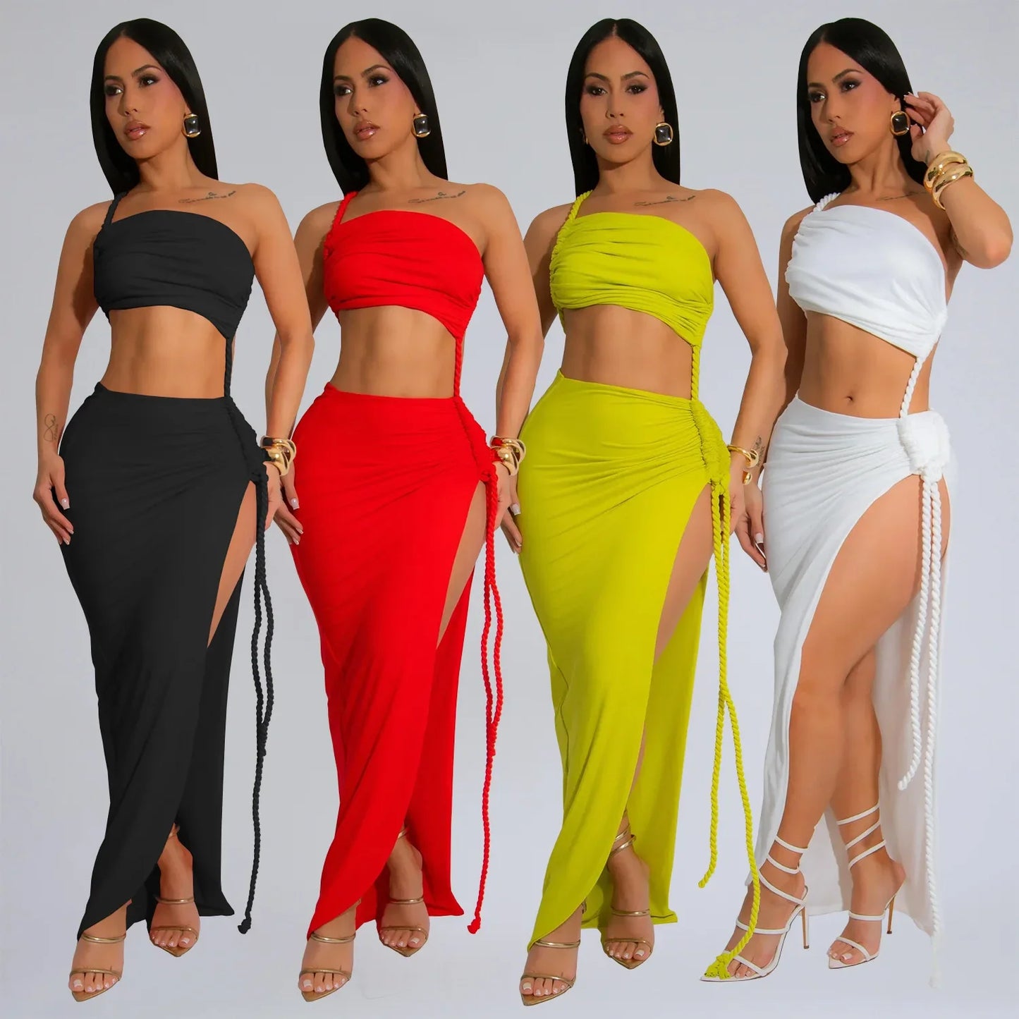 Fashionable Wrap Chest Side Slit Sexy Long Skirt for Women Simple Summer Cross-Border Polyester Fiber Floor-Length Dress
