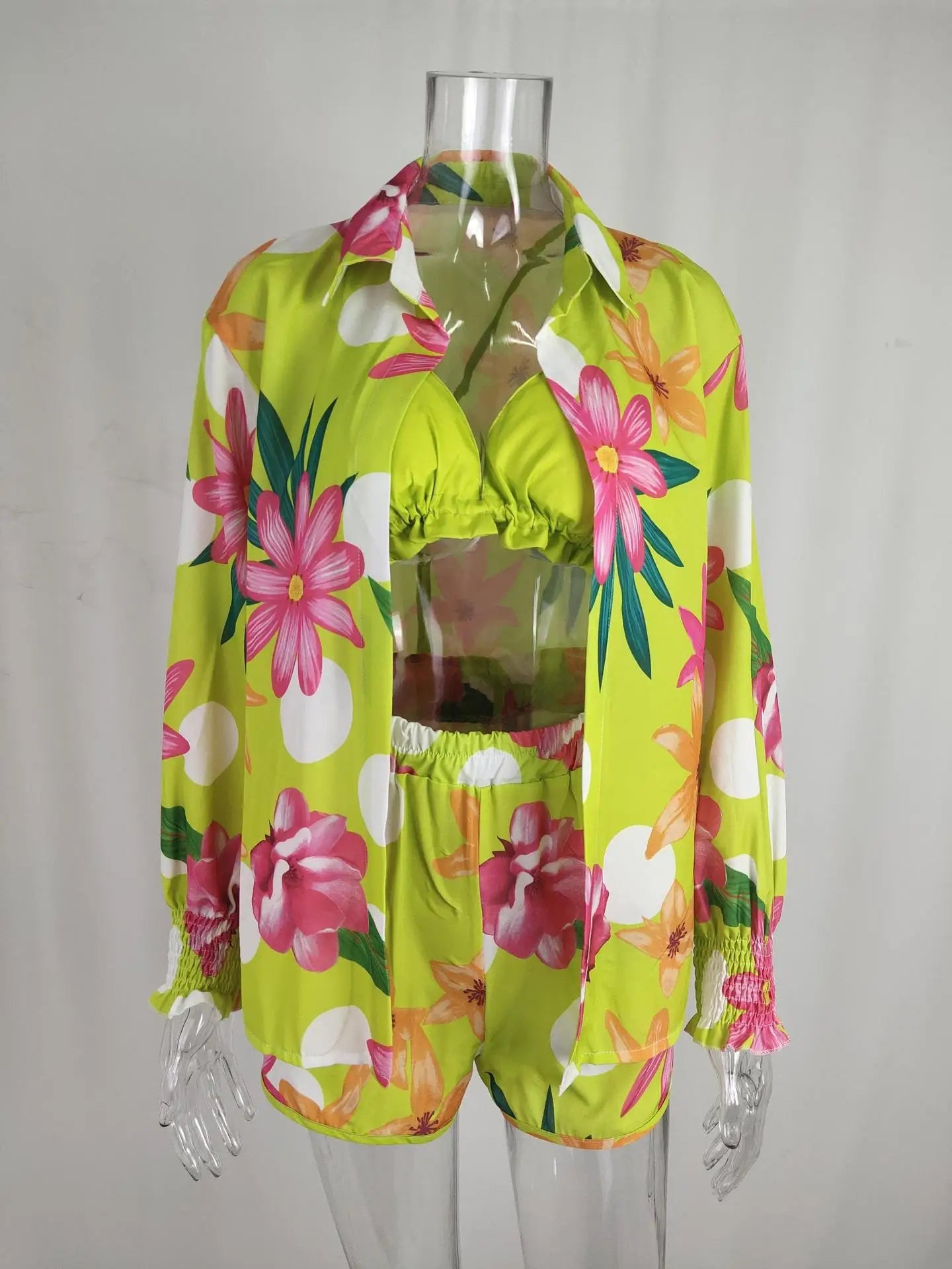 3 Pieces Women Stes 2024 New Sexy Floral Leaf Printed Halter shirt+shorts Three Pieces Sets women's Clothing GHH9068