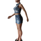 Ruffles Jeans Skirt Outfit Set Sexy Women Halter Elegant Two Pieces Denim Club Matching Set Top+Mini Skirt