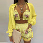 3 Pieces Women Stes 2024 New Sexy Floral Leaf Printed Halter shirt+shorts Three Pieces Sets women's Clothing GHH9068