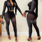 Sexy Two Piece Sets Womens Outifits Streetwear 2023 Autumn Winter Fashion Versatile Solid V-neck Long Sleeve Female Pants Suit