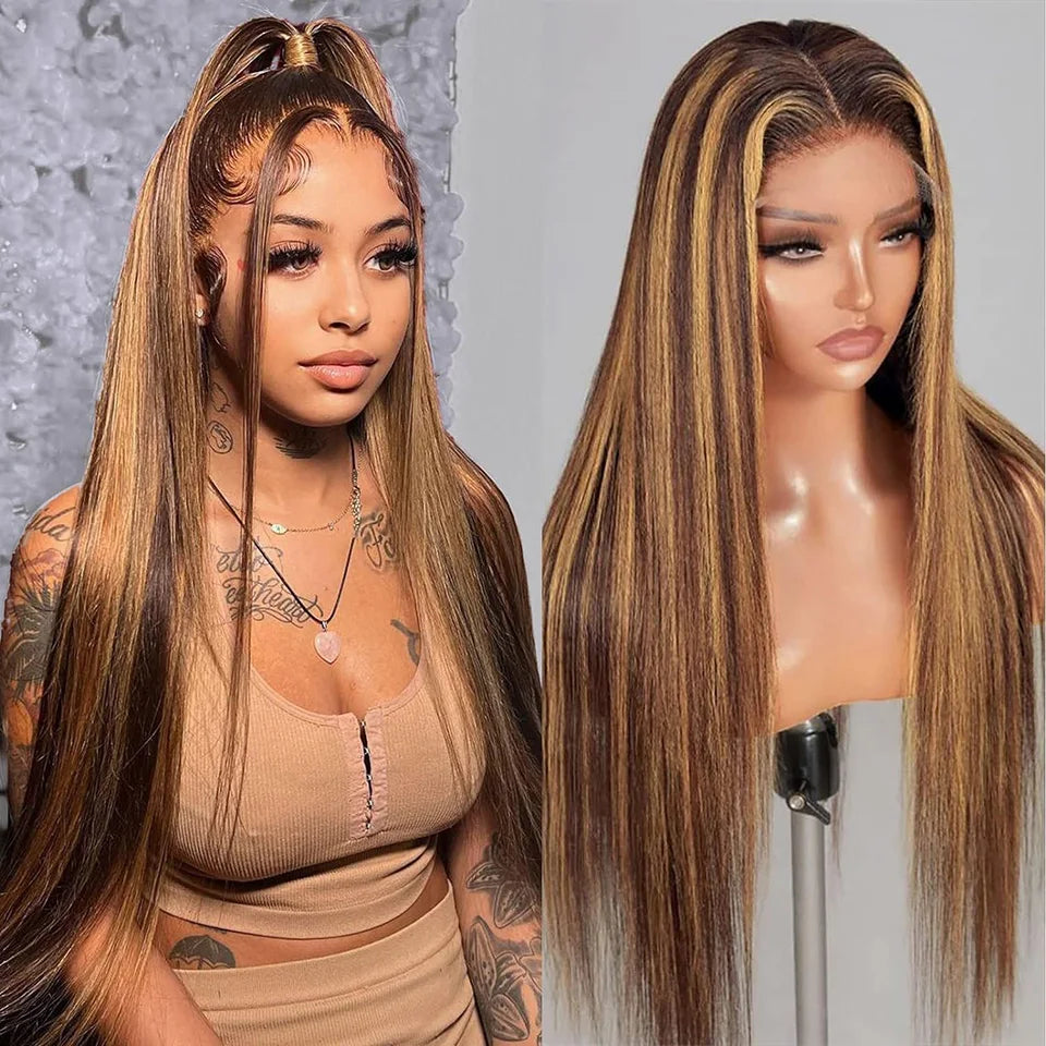 Straight Highlight Ombre Human Hair Lace Front Wigs 13x4 13x6 HD Lace Wigs Pre Plucked for Black Women Honey Blonde Colored Wig