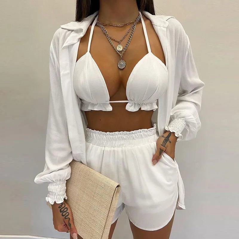 3 Pieces Women Stes 2024 New Sexy Floral Leaf Printed Halter shirt+shorts Three Pieces Sets women's Clothing GHH9068