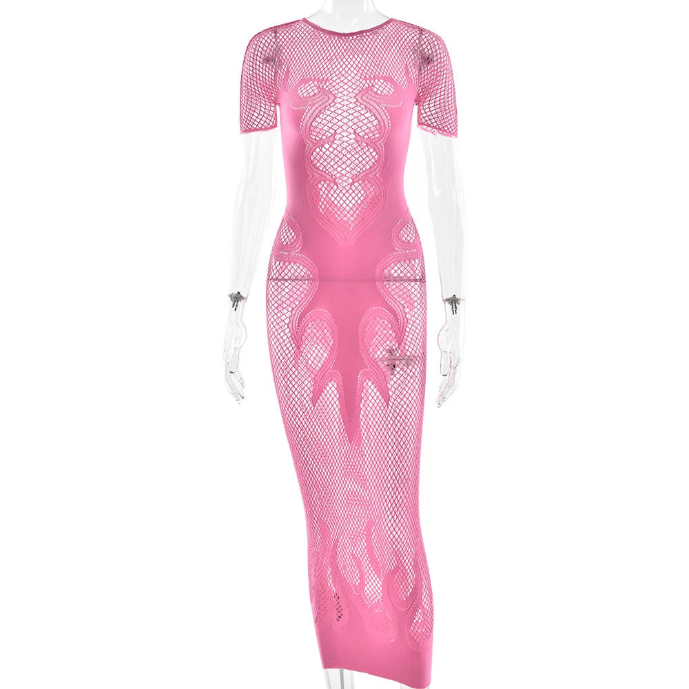 HLJ&GG Sexy Hollow Out Mesh See Though Bodycon Long Dress Women Round Neck Short Sleeve Slim Vestidos Fashion Y2K Clubwear 2025