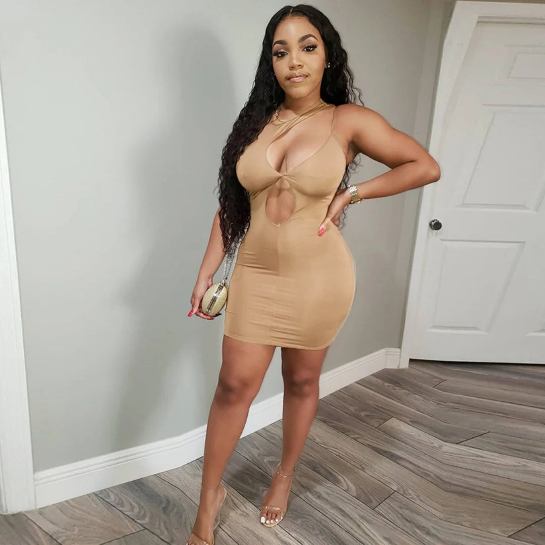 Women's summer new style short hip-hugging dress, sleeveless, slim-fitting, sexy, hot girl, hollow-out dress, pure color