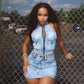 Ruffles Jeans Skirt Outfit Set Sexy Women Halter Elegant Two Pieces Denim Club Matching Set Top+Mini Skirt