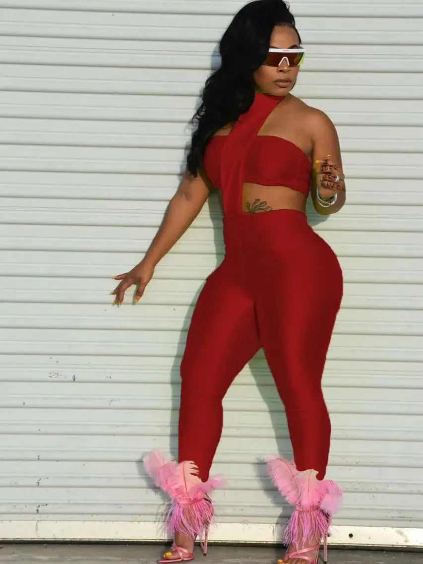 Weird Puss Sexy Backless 2 Piece Set Women Stretch Tube Top+Skinny Halter Jumpsuit Fitness Street Matching Party Club Overalls