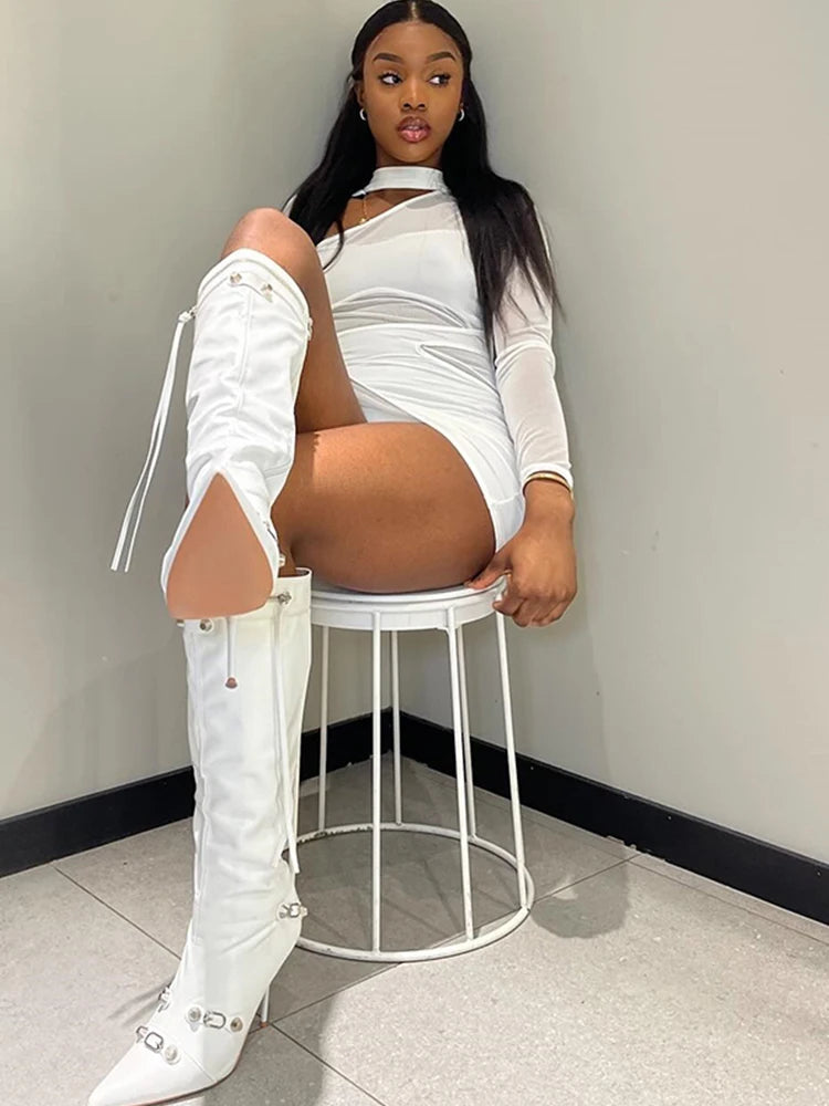 Weird Puss Sexy Mesh Dress Women Y2K Patchwork Hollow Solid Zip Summer Trend Skinny Elegant Hipster Stretch Bodycon Clubwear