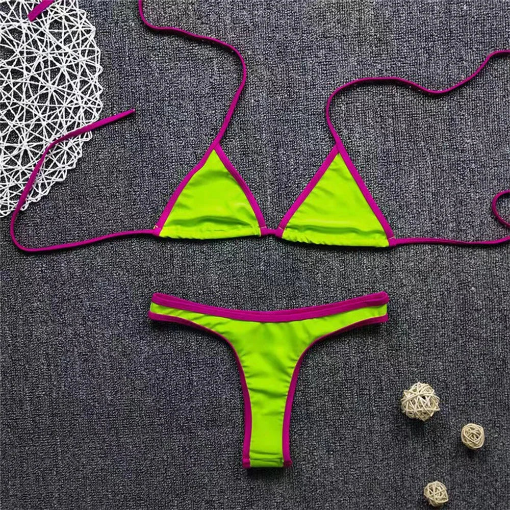 Women Sexy Bikini Set Low Waist V Thong Solid Color Slim No Pad Front Hasp Bathing Swimwear Summer Beach Breathable Wear Suit