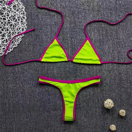 Women Sexy Bikini Set Low Waist V Thong Solid Color Slim No Pad Front Hasp Bathing Swimwear Summer Beach Breathable Wear Suit