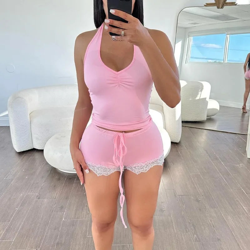 Two Piece Pajama Sets Women Vest Crop Tops Short Set Beach Drawstring Shorts Slim Fit Sleeveless Loungewear Solid Summer