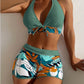 Fashion Printed Swimsuit Women Spliced Lace Up Sporty Surfing Bikini Set Bathing Suit Beachwear Swimwear Female Swimming Suits