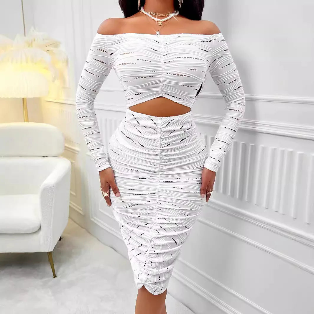 Women Dress Mid Length Dresses Bodycon Off Shoulder Hollow Out Sexy Elegant Sheath White Club High Waist Party Beach Vestidos